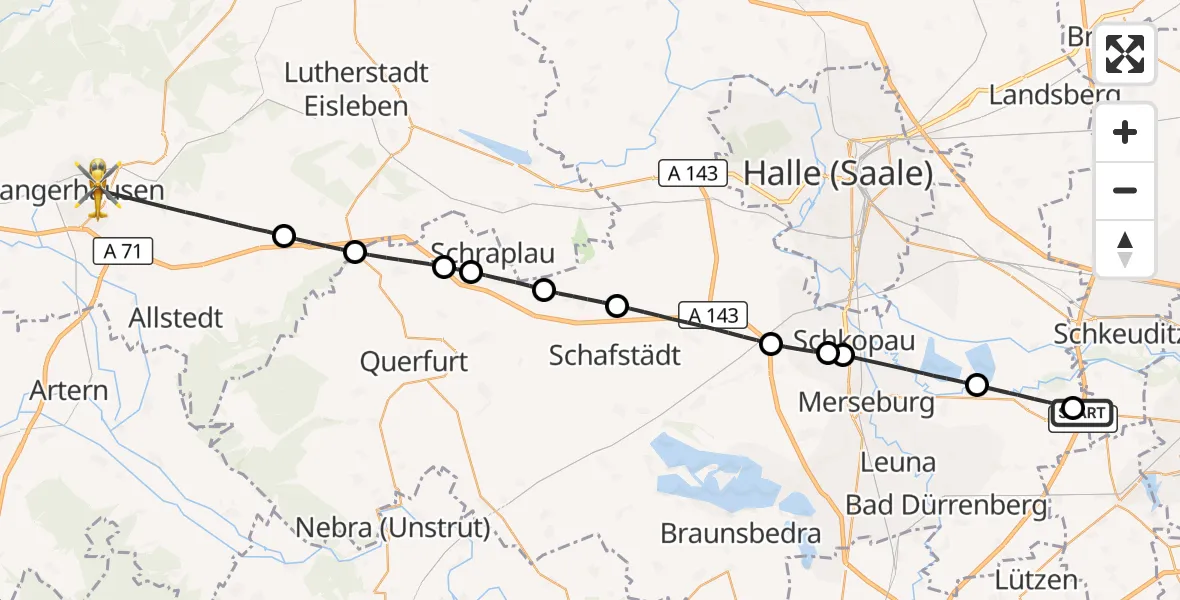 Flugroute Rettungshubschrauber ADAC Air Rescue Station Leipzig/Schkeuditz-Dölzig Hubschrauberlandeplatz (Christoph 61) - Sangerhausen, 27 Mai 2026, 13:28