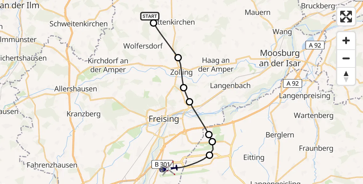 Flugroute Polizeihubschrauber Attenkirchen - München Flughafen, 27 Mai 2026, 13:31