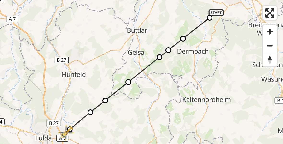 Flugroute Ambulanzhubschrauber Bad Salzungen - Petersberg, 27 Mai 2026, 13:34