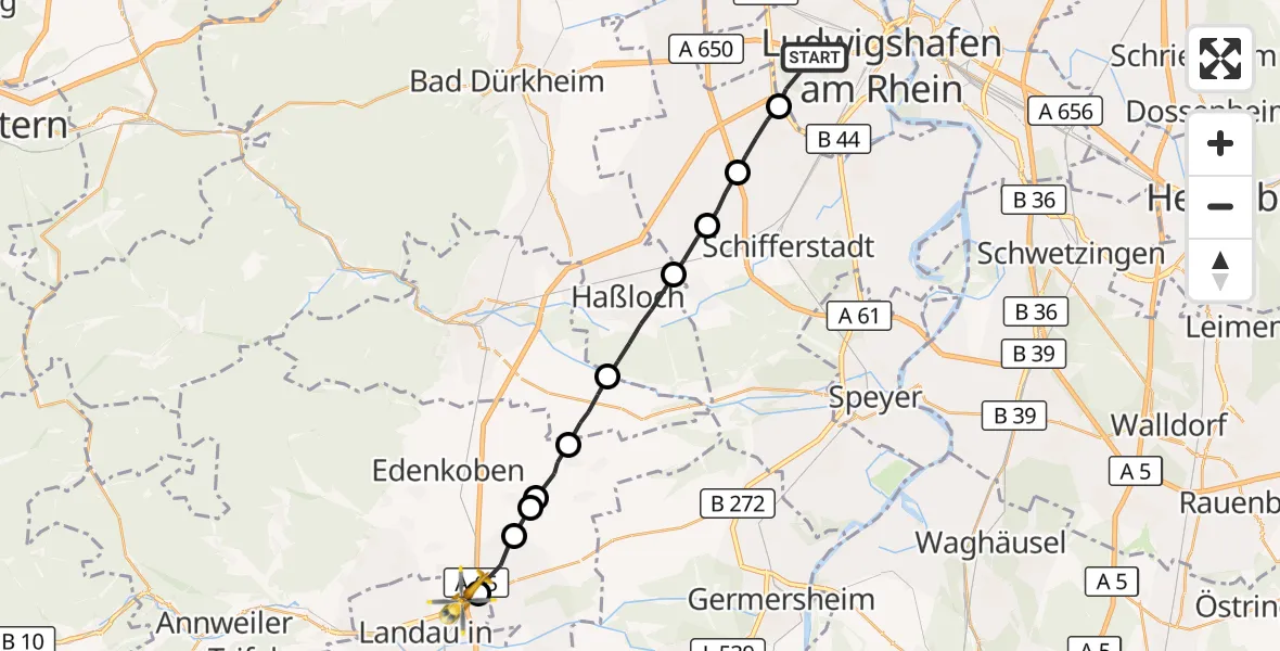Flugroute Rettungshubschrauber Ludwigshafen am Rhein - Landau in der Pfalz, 27 Mai 2026, 13:35