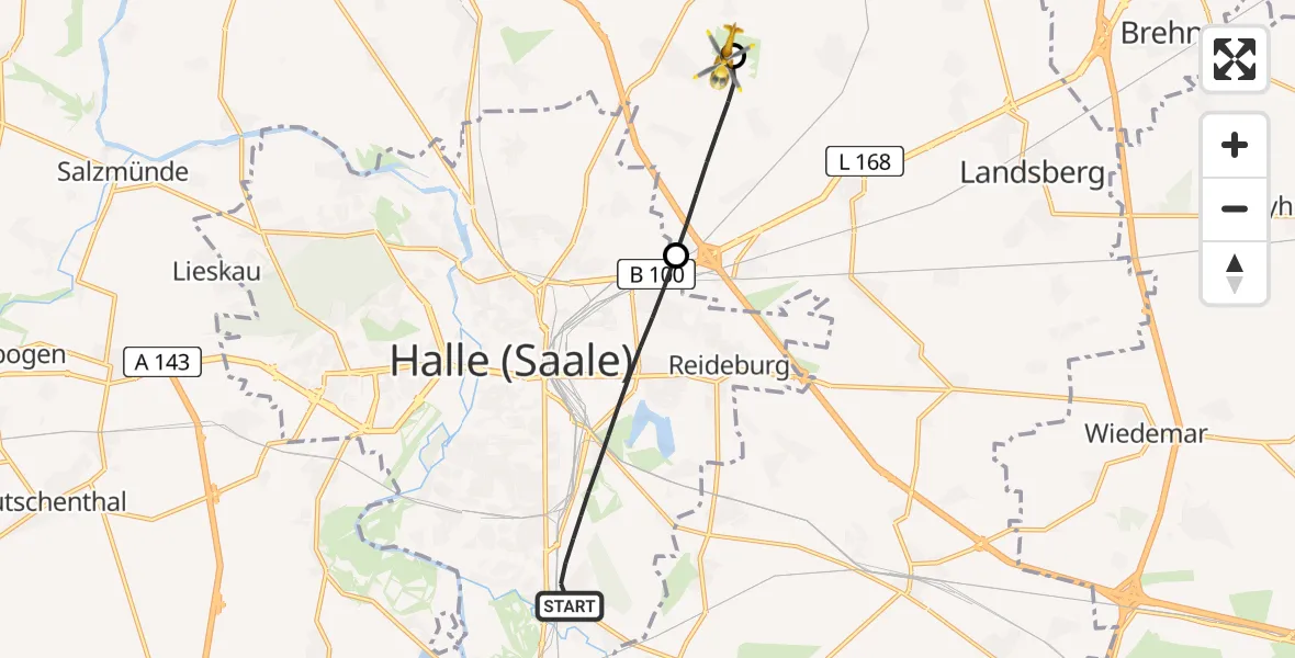Flugroute Rettungshubschrauber Halle (Saale) - Halle-Oppin Flugplatz, 27 Mai 2026, 13:36