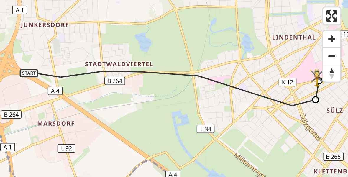 Flugroute Rettungshubschrauber Köln - Köln University Hospital, 27 Mai 2026, 13:36