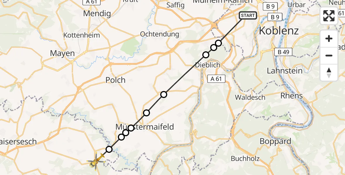 Flugroute Rettungshubschrauber Koblenz - Brohl, 27 Mai 2026, 13:37