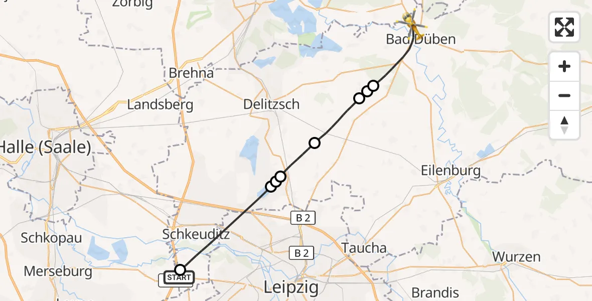 Flugroute Rettungshubschrauber ADAC Air Rescue Station Leipzig/Schkeuditz-Dölzig Hubschrauberlandeplatz (Christoph 61) - Bad Düben, 27 Mai 2026, 13:42