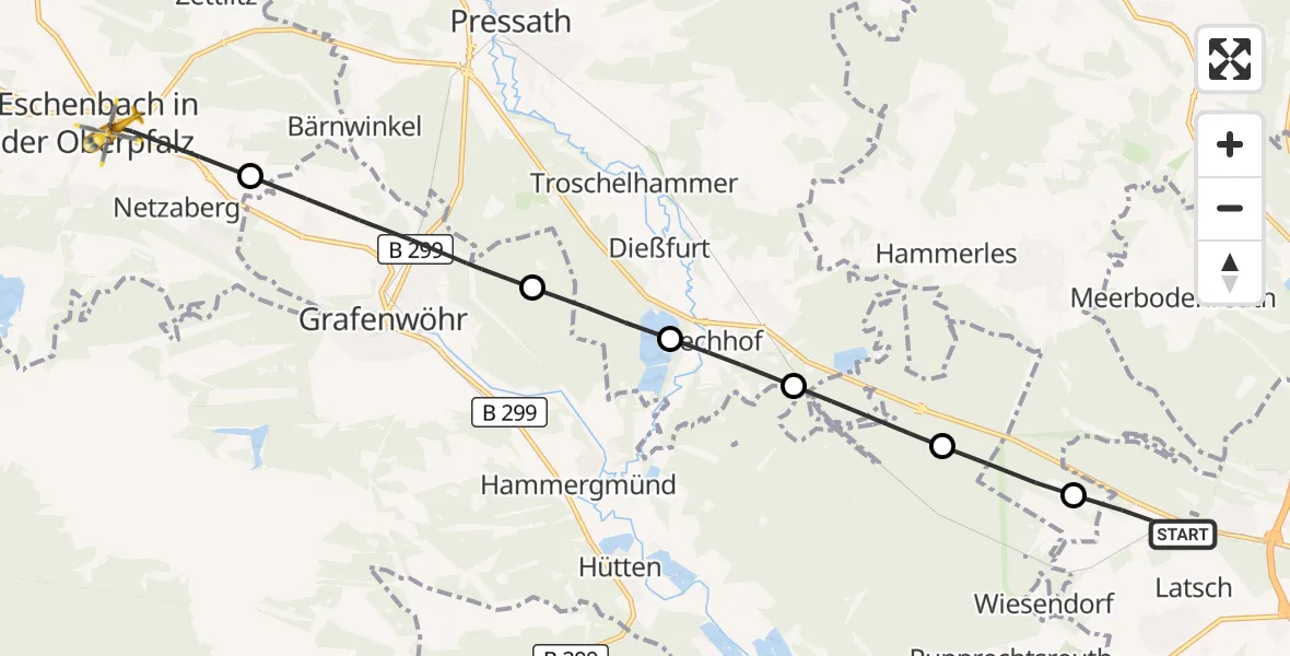 Flugroute Rettungshubschrauber Weiden i.d.OPf. - Eschenbach i.d.OPf., 27 Mai 2026, 13:50