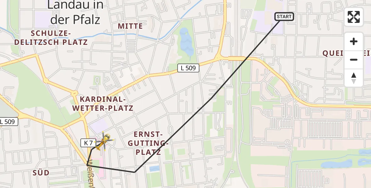 Flugroute Rettungshubschrauber Landau in der Pfalz - Landau in der Pfalz, 27 Mai 2026, 13:58