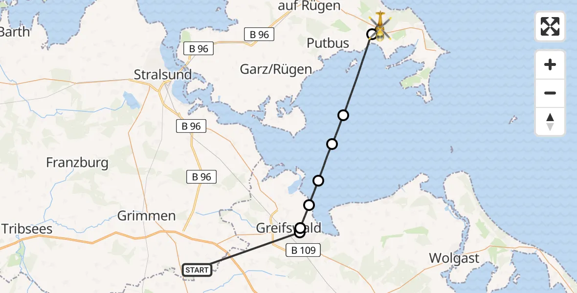 Flugroute Rettungshubschrauber Süderholz - Zirkow, 27 Mai 2026, 14:04