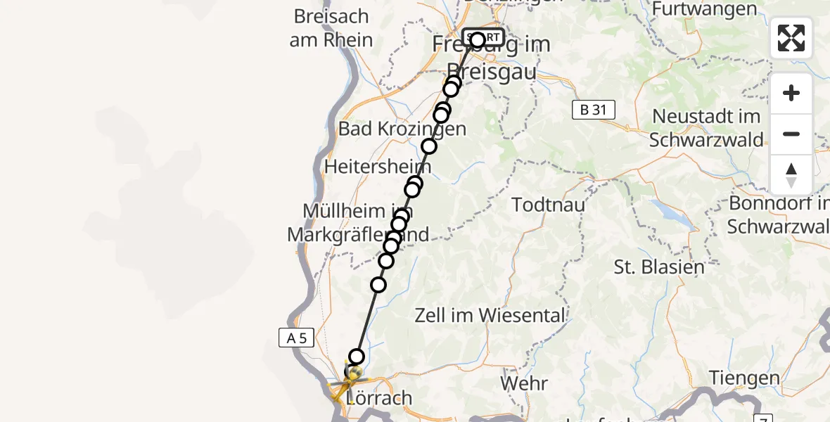 Flugroute Rettungshubschrauber Freiburg im Breisgau Flugplatz - Binzen, 27 Mai 2026, 14:11