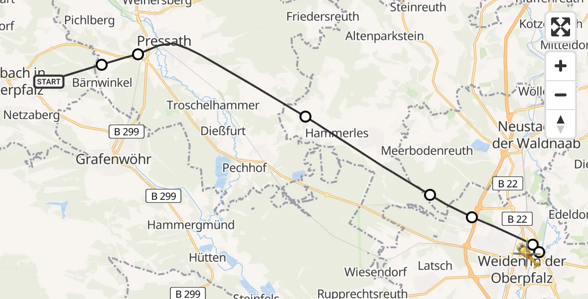 Flugroute Rettungshubschrauber Eschenbach i.d.OPf. - Weiden Hospital, 27 Mai 2026, 14:12
