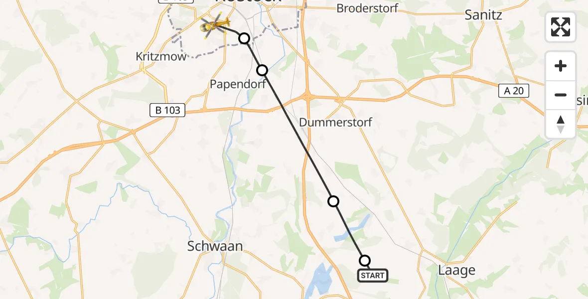 Flugroute Rettungshubschrauber Flughafen Rostock-Laage - Rostock, 27 Mai 2026, 14:13