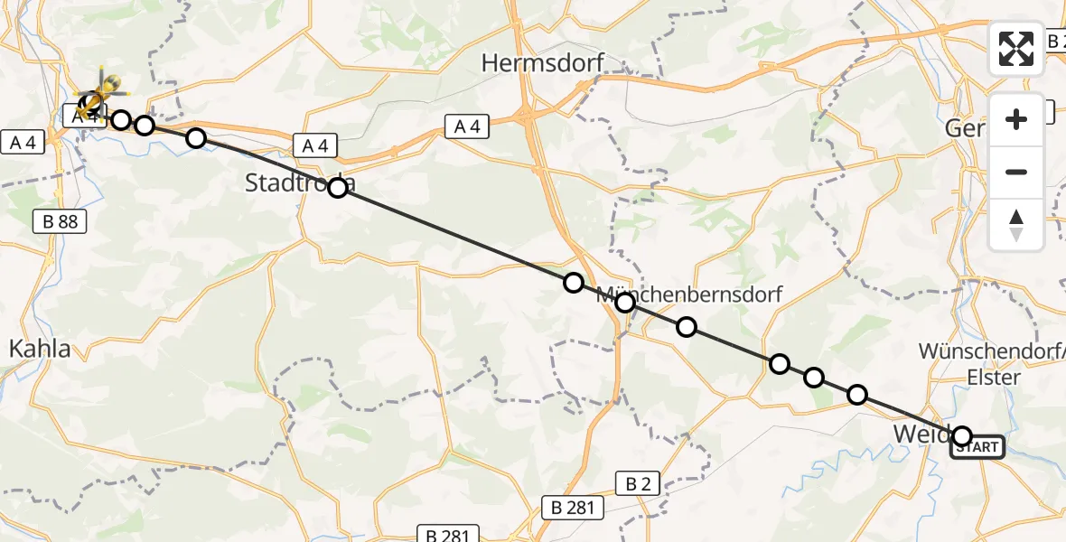 Flugroute Rettungshubschrauber Berga-Wünschendorf - Jena University Hospital, 27 Mai 2026, 14:17