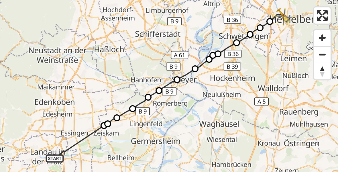 Flugroute Rettungshubschrauber Landau in der Pfalz - Heidelberg, 27 Mai 2026, 14:21