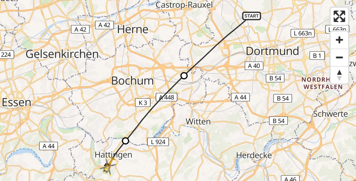 Flugroute Rettungshubschrauber Dortmund - Hattingen, 27 Mai 2026, 14:24