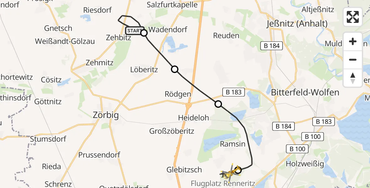 Flugroute Rettungshubschrauber Südliches Anhalt - Renneritz Flugplatz, 27 Mai 2026, 14:24