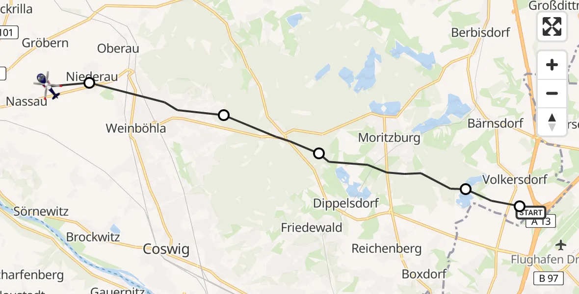 Flugroute Polizeihubschrauber Dresden Flughafen - Niederau, 27 Mai 2026, 14:35