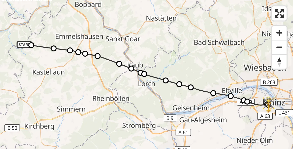 Flugroute Rettungshubschrauber Lieg - Mainz University Hospital, 27 Mai 2026, 14:36