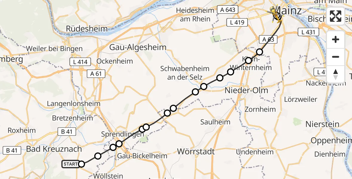 Flugroute Rettungshubschrauber Hackenheim - Mainz University Hospital, 27 Mai 2026, 14:37