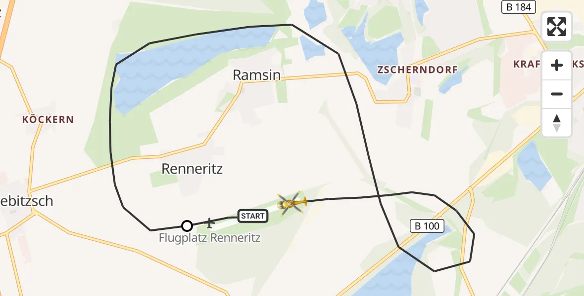 Flugroute Rettungshubschrauber Renneritz Flugplatz - Sandersdorf-Brehna, 27 Mai 2026, 14:41