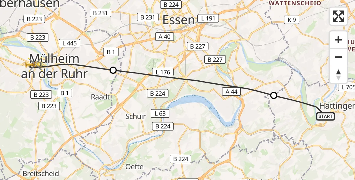 Flugroute Rettungshubschrauber Hattingen - Mülheim an der Ruhr, 27 Mai 2026, 14:47