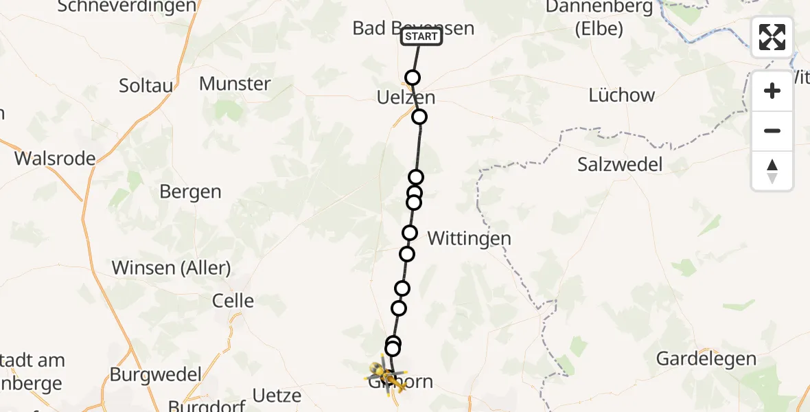 Flugroute Rettungshubschrauber Bad Bevensen - Gifhorn Bundespolizei Hubschrauberlandeplatz, 27 Mai 2026, 14:49