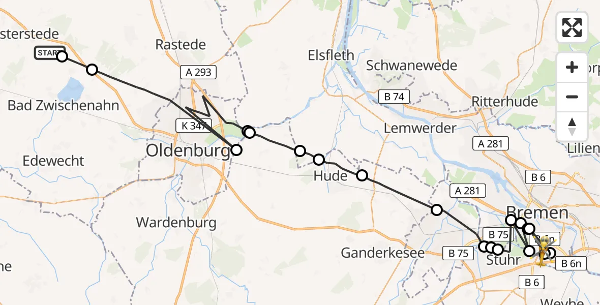 Flugroute Rettungshubschrauber Westerstede - ADAC Air Rescue Station Bremen Hubschrauberlandeplatz (Christoph 6), 27 Mai 2026, 14:55