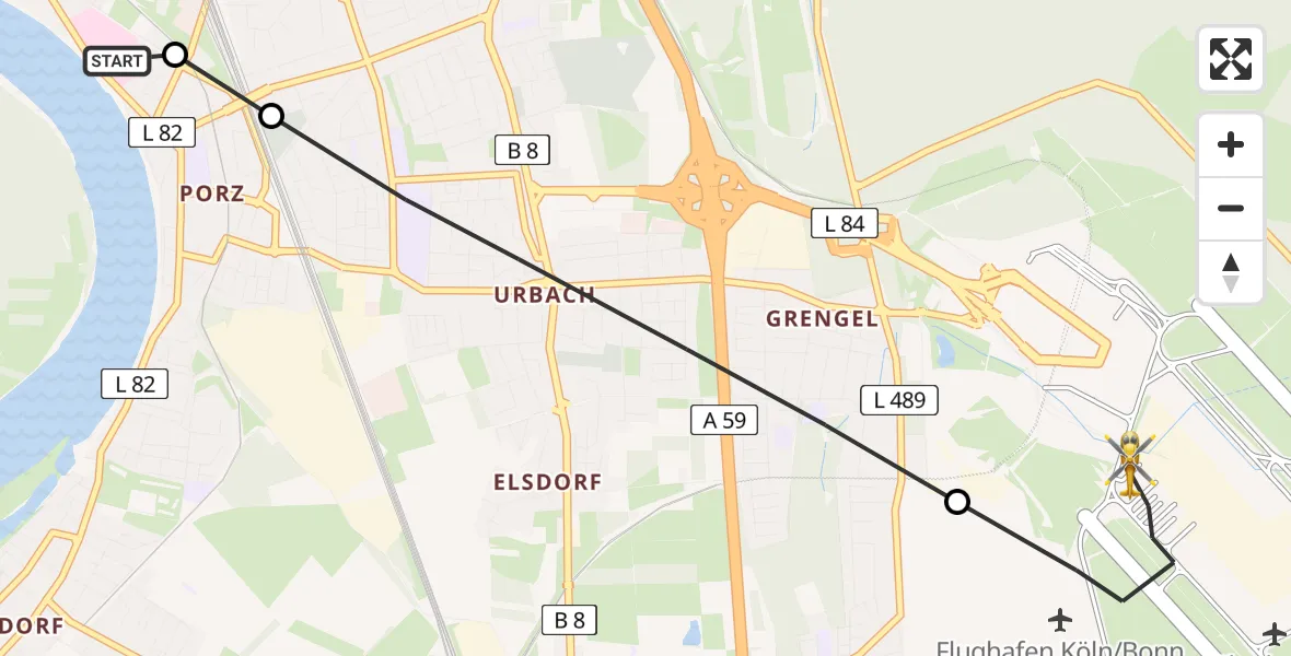 Flugroute Rettungshubschrauber Porz am Rhein Hospital - Köln Bonn Flughafen, 27 Mai 2026, 14:56