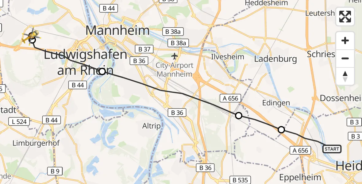 Flugroute Rettungshubschrauber Heidelberg - Ludwigshafen Accident Hospital, 27 Mai 2026, 14:58