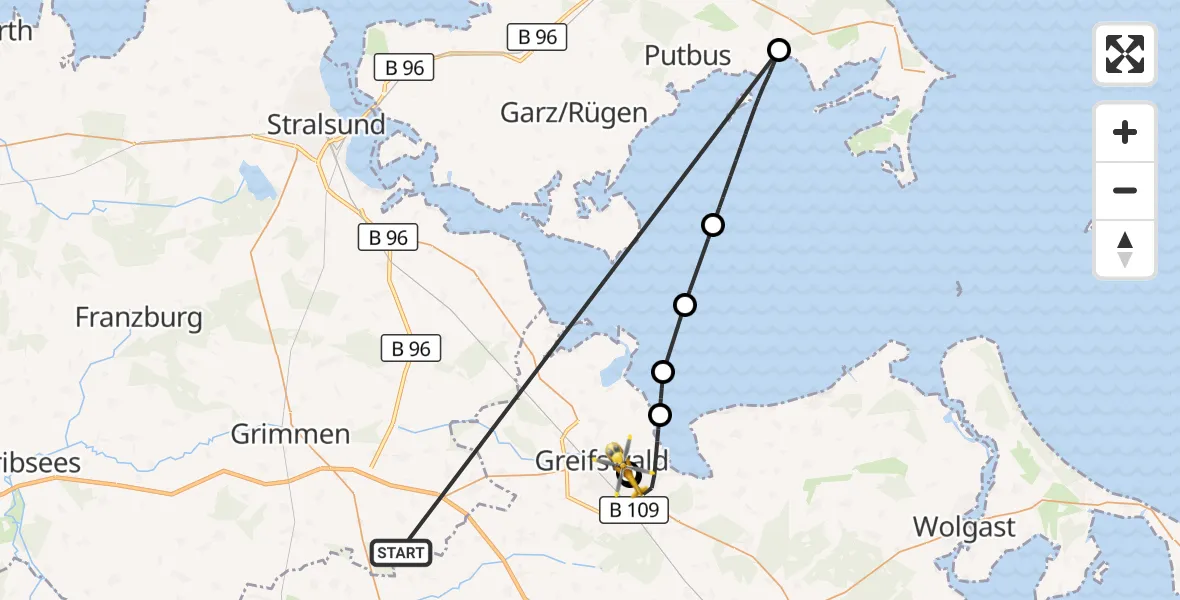 Flugroute Rettungshubschrauber Süderholz - Greifswald Hospital, 27 Mai 2026, 15:02