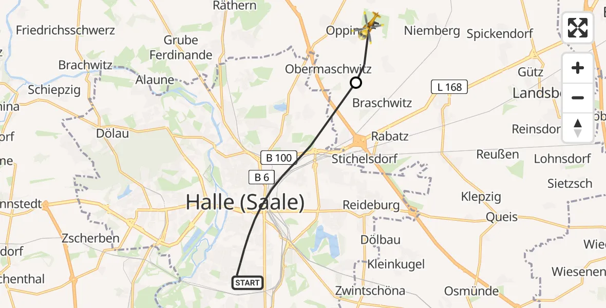 Flugroute Rettungshubschrauber Halle (Saale) - Halle-Oppin Flugplatz, 27 Mai 2026, 15:03
