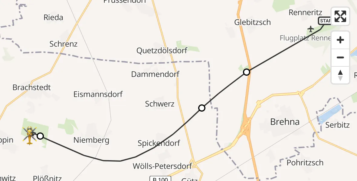 Flugroute Rettungshubschrauber Renneritz Flugplatz - Halle-Oppin Flugplatz, 27 Mai 2026, 15:04