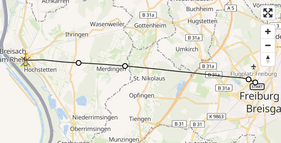 Flugroute Rettungshubschrauber Freiburg University Hospital Heliport 1 - Breisach am Rhein, 27 Mai 2026, 15:09