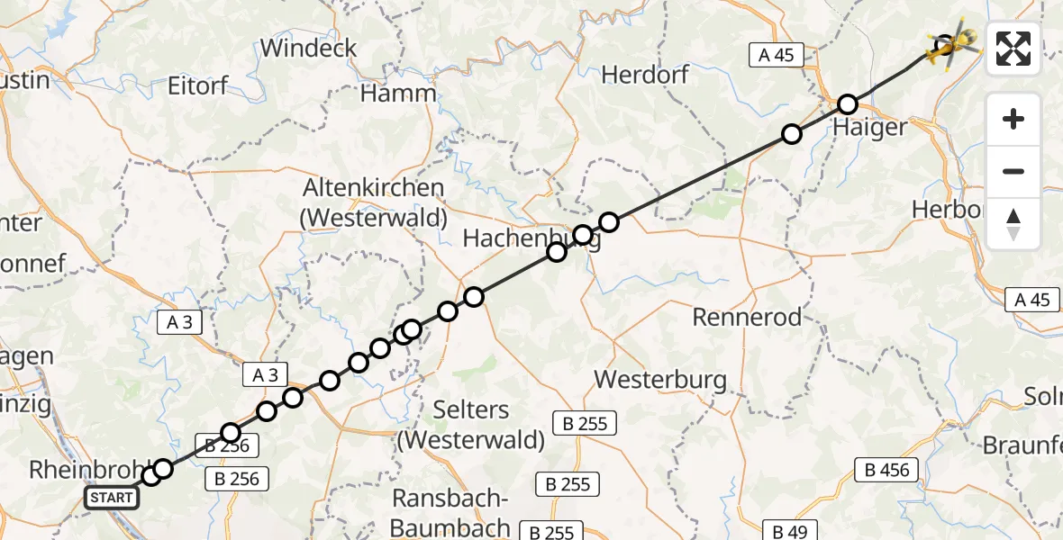 Flugroute Ambulanzhubschrauber Hammerstein - Dillenburg, 27 Mai 2026, 15:25