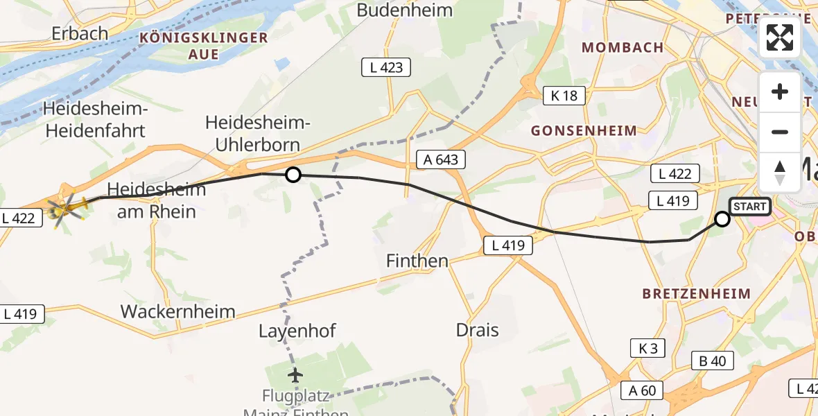 Flugroute Rettungshubschrauber Mainz University Hospital - Ingelheim am Rhein, 27 Mai 2026, 15:27