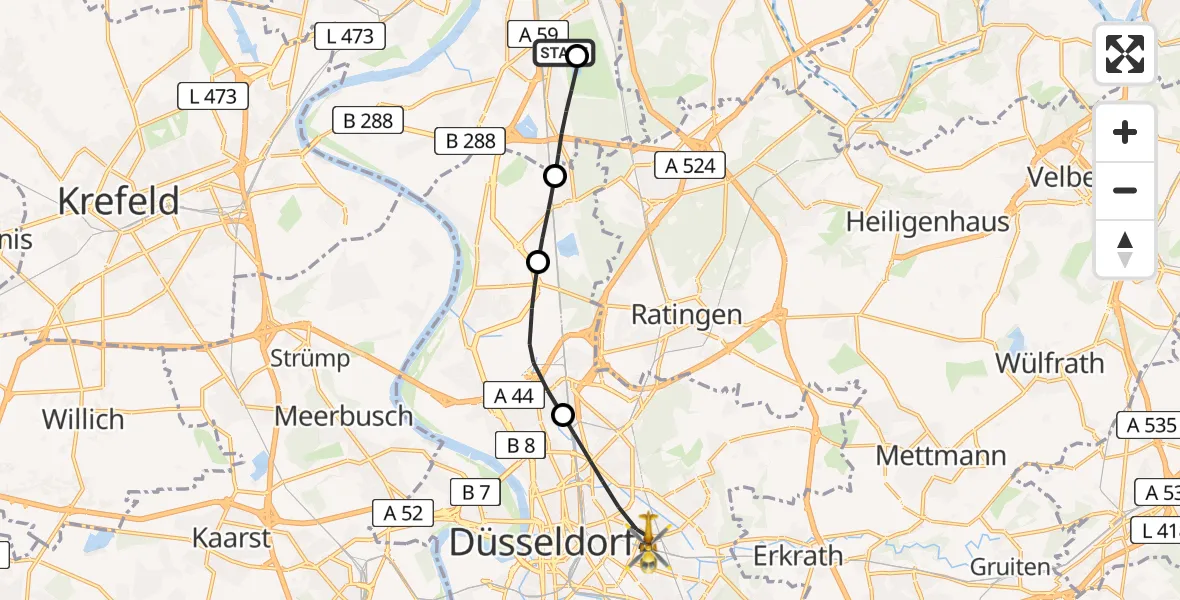 Flugroute Rettungshubschrauber Duisburg Air Rescue Hubschrauberlandeplatz (Christoph 9) - Düsseldorf, 27 Mai 2026, 15:35