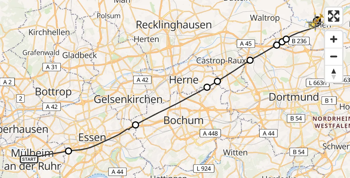 Flugroute Rettungshubschrauber Mülheim an der Ruhr - Sankt Marien Hospital, 27 Mai 2026, 15:36