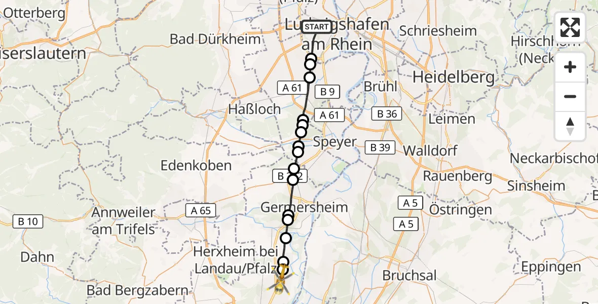 Flugroute Rettungshubschrauber Ludwigshafen am Rhein - Neupotz, 27 Mai 2026, 15:38