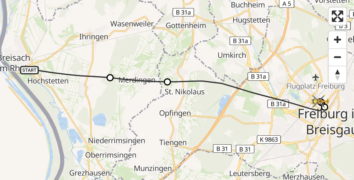 Flugroute Rettungshubschrauber Breisach am Rhein - Freiburg University Hospital Heliport 1, 27 Mai 2026, 15:41