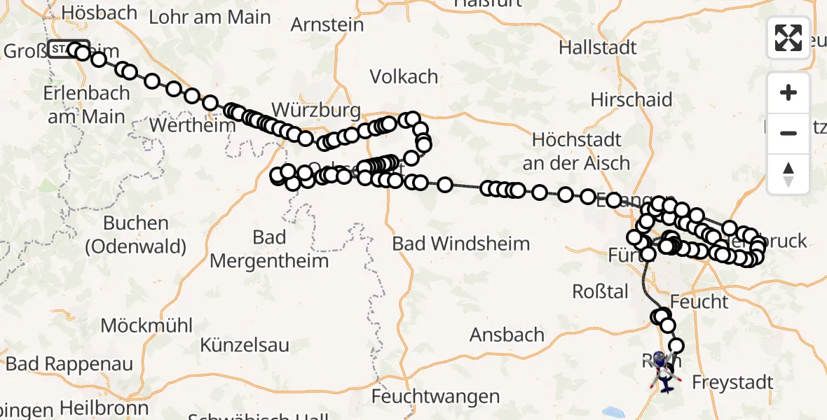 Flugroute Polizeihubschrauber Großostheim - Flugplatz Roth, 27 Mai 2026, 15:49