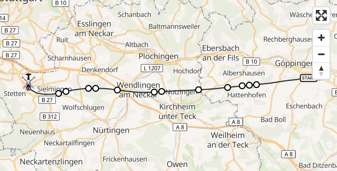 Flugroute Polizeihubschrauber Göppingen - Flughafen Stuttgart, 27 Mai 2026, 16:02