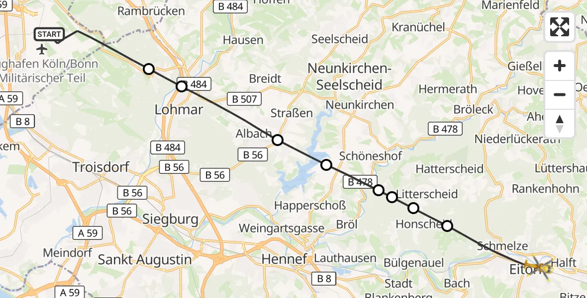 Flugroute Rettungshubschrauber Köln Bonn Flughafen - Eitorf, 27 Mai 2026, 16:03