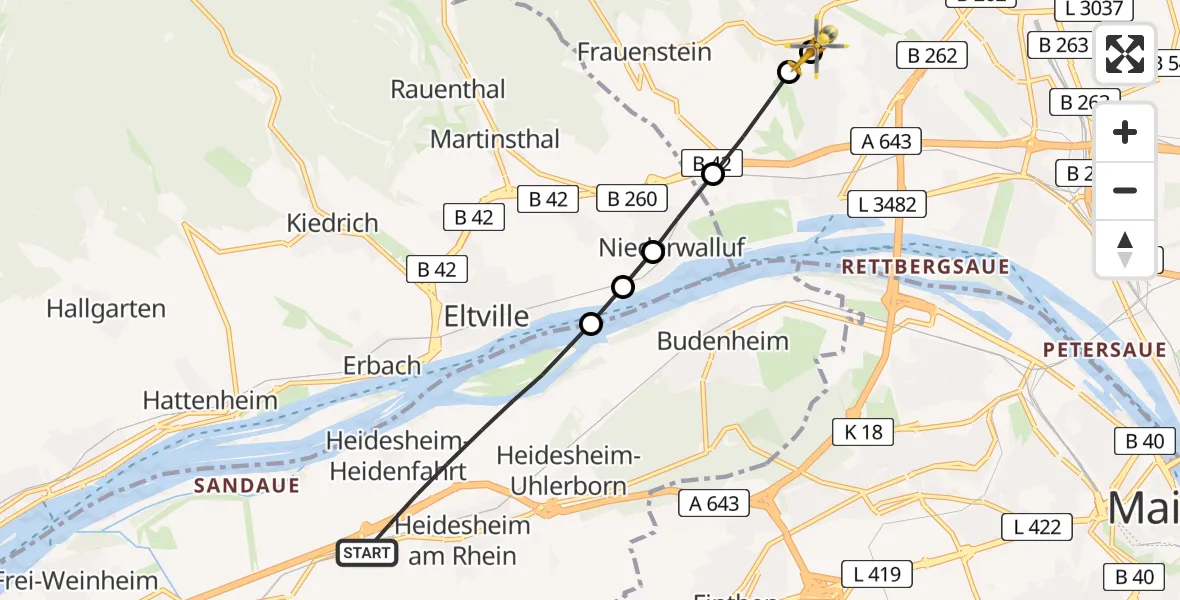 Flugroute Rettungshubschrauber Ingelheim am Rhein - Helios Horst Schmidt Klinik (HSK) Hubschrauberlandeplatz, 27 Mai 2026, 16:03
