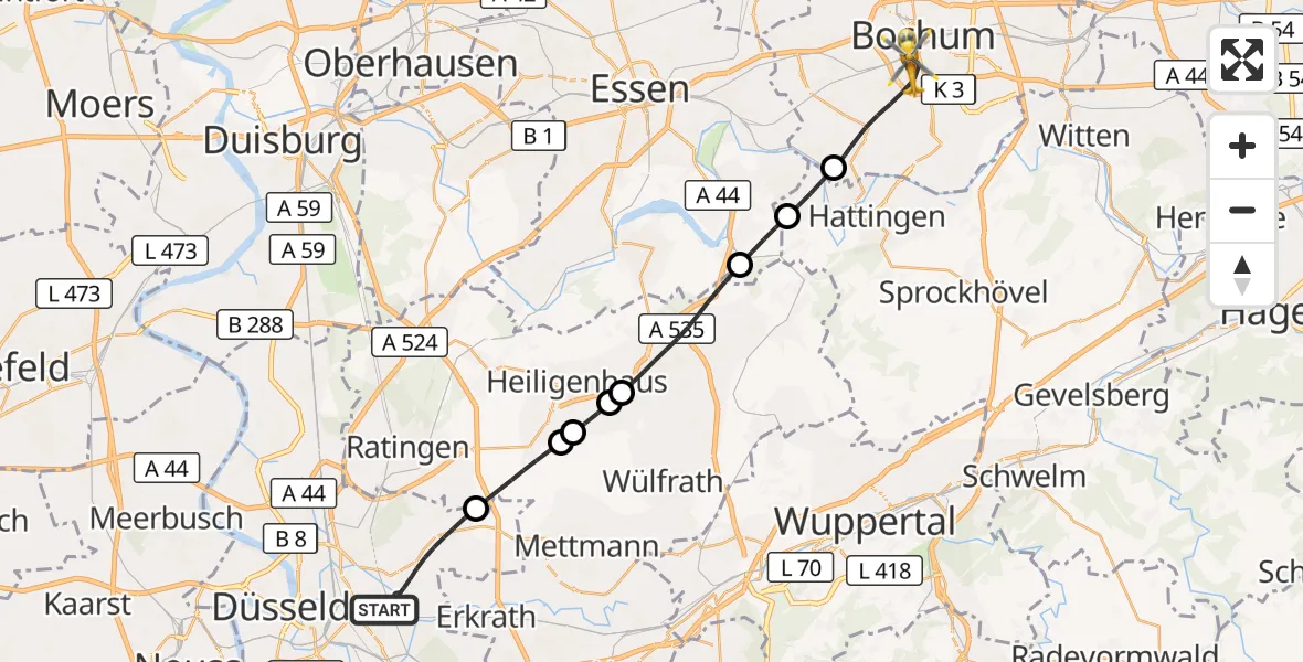 Flugroute Rettungshubschrauber Düsseldorf - Bochum, 27 Mai 2026, 16:03