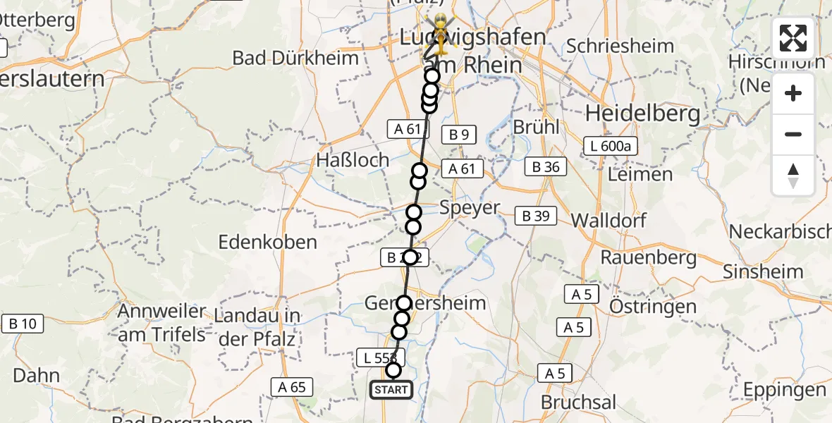Flugroute Rettungshubschrauber Kuhardt - Ludwigshafen Accident Hospital, 27 Mai 2026, 16:10