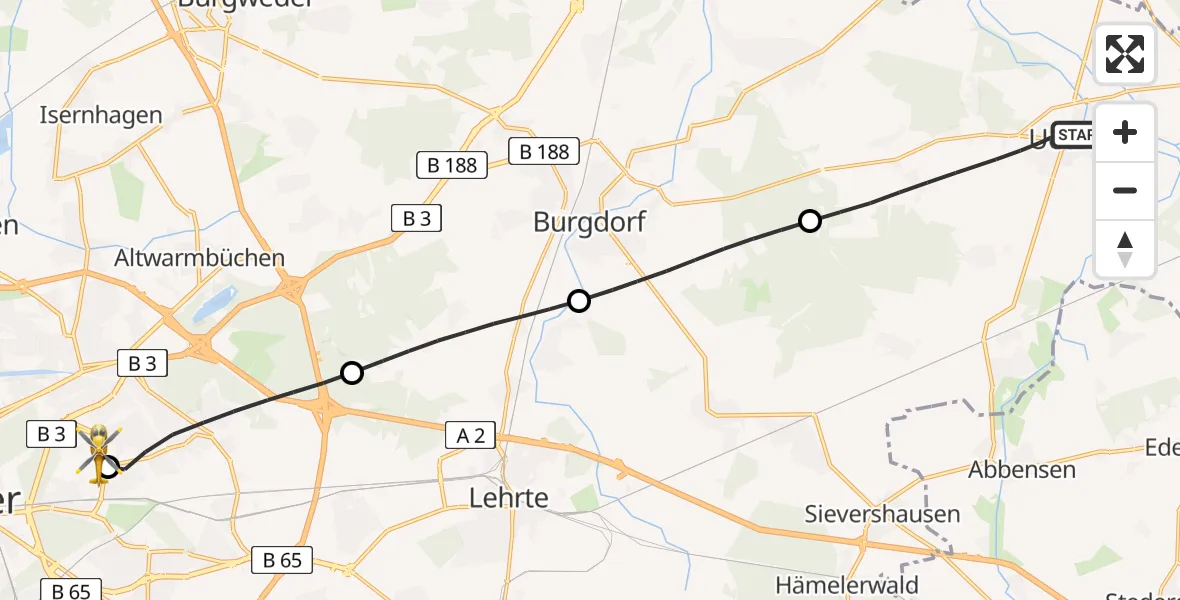 Flugroute Rettungshubschrauber Uetze - Hannover Luftrettung Hubschrauberlandeplatz (Christoph 4), 27 Mai 2026, 16:14