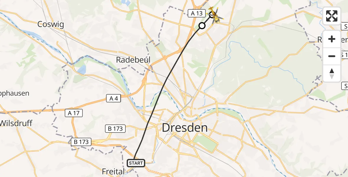 Flugroute Rettungshubschrauber Dresden - Dresden Bundespolizei Hubschrauberlandeplatz, 27 Mai 2026, 16:27