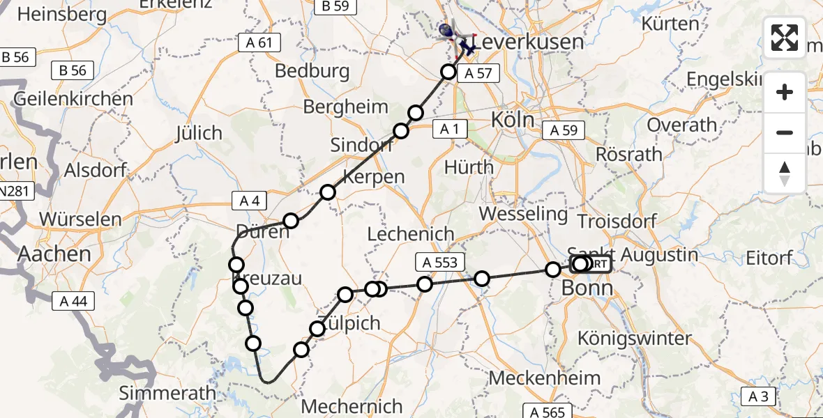 Flugroute Polizeihubschrauber Bonn - Köln, 27 Mai 2026, 16:35