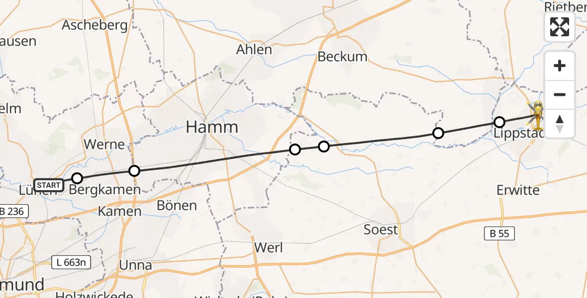 Flugroute Rettungshubschrauber Lünen - Lippstadt, 27 Mai 2026, 16:41