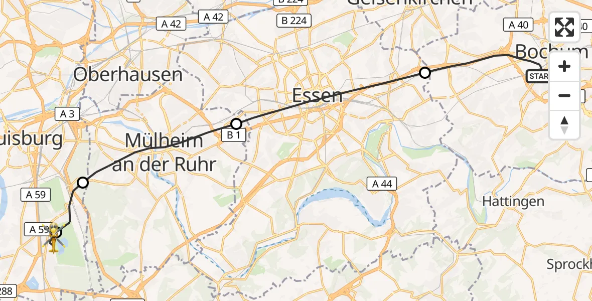 Flugroute Rettungshubschrauber Bochum - Duisburg Air Rescue Hubschrauberlandeplatz (Christoph 9), 27 Mai 2026, 16:44