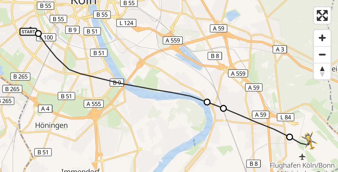 Flugroute Rettungshubschrauber Köln University Hospital - Köln Bonn Flughafen, 27 Mai 2026, 17:09