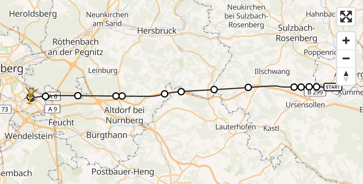 Flugroute Ambulanzhubschrauber Amberg - Nürnberg South Hospital, 27 Mai 2026, 17:14
